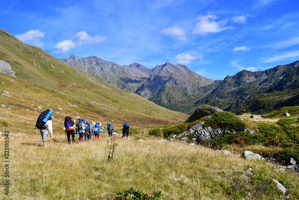 Arkhyz, Russia, Caucasus. Tourists in the mountains of Arkhyz in September