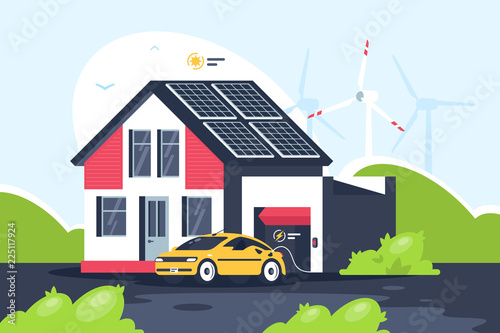 Smart eco house with electric car.
