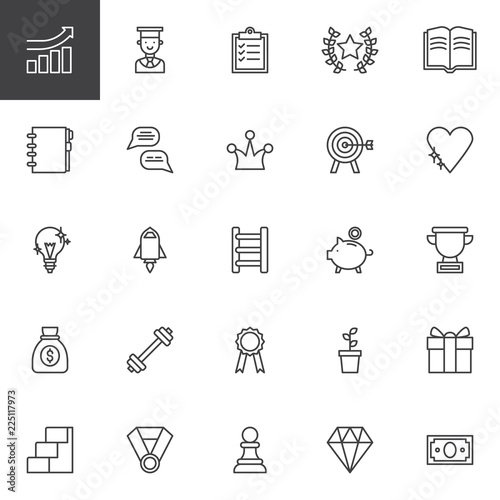Motivation outline icons set. linear style symbols collection, line signs pack. vector graphics. Set includes icons as Business growing graph, Student, Piggy bank, Trophy, Money bag, Medal, Plant