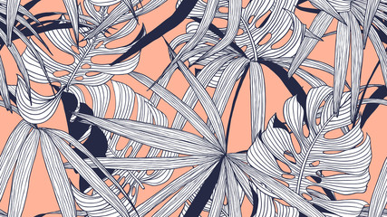 Handdoek met foto Palmbomen patronen Philodendron lijntekening op oranje  © momosama