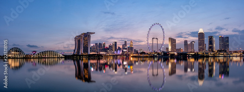 Super Wide panorama image of Singapore Skyline at Magic Hour 