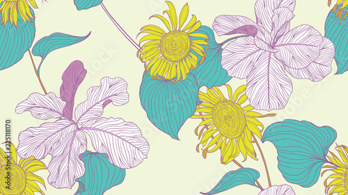Fototapeta Naklejka Na Ścianę i Meble -  Floral seamless pattern, colorful fiddle leaf fig and sunflower on light yellow background, line art ink drawing