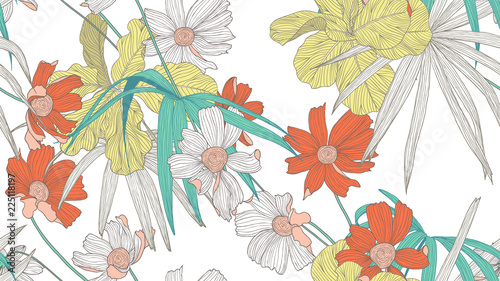 Floral seamless pattern, colorful fiddle leaf fig, palm leaves and cosmos flowers on white background, line art ink drawing