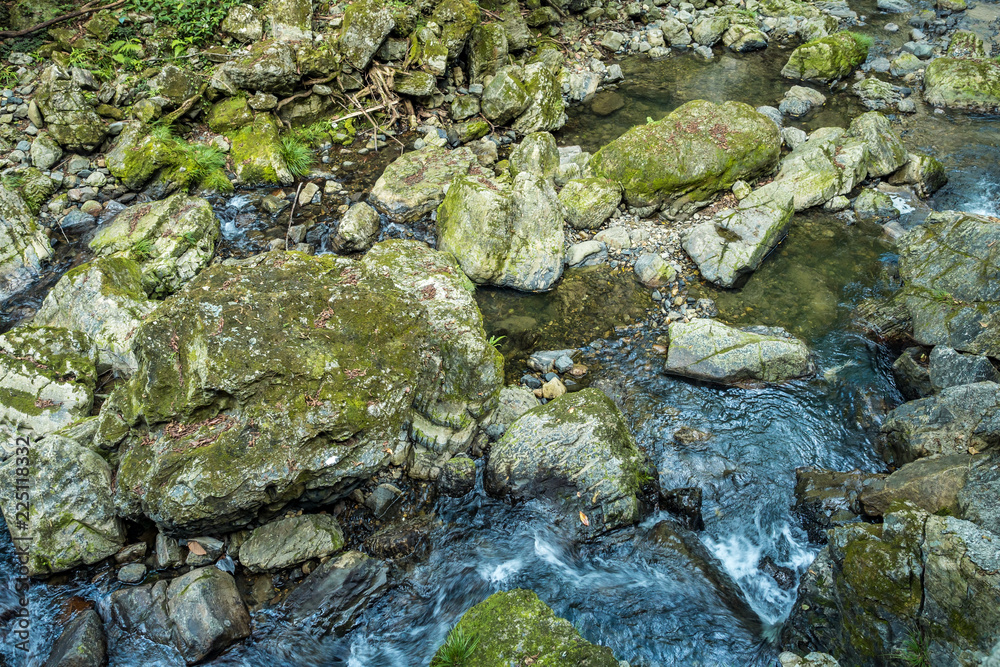 water running through the rocky creek with rocks covered in green mosses