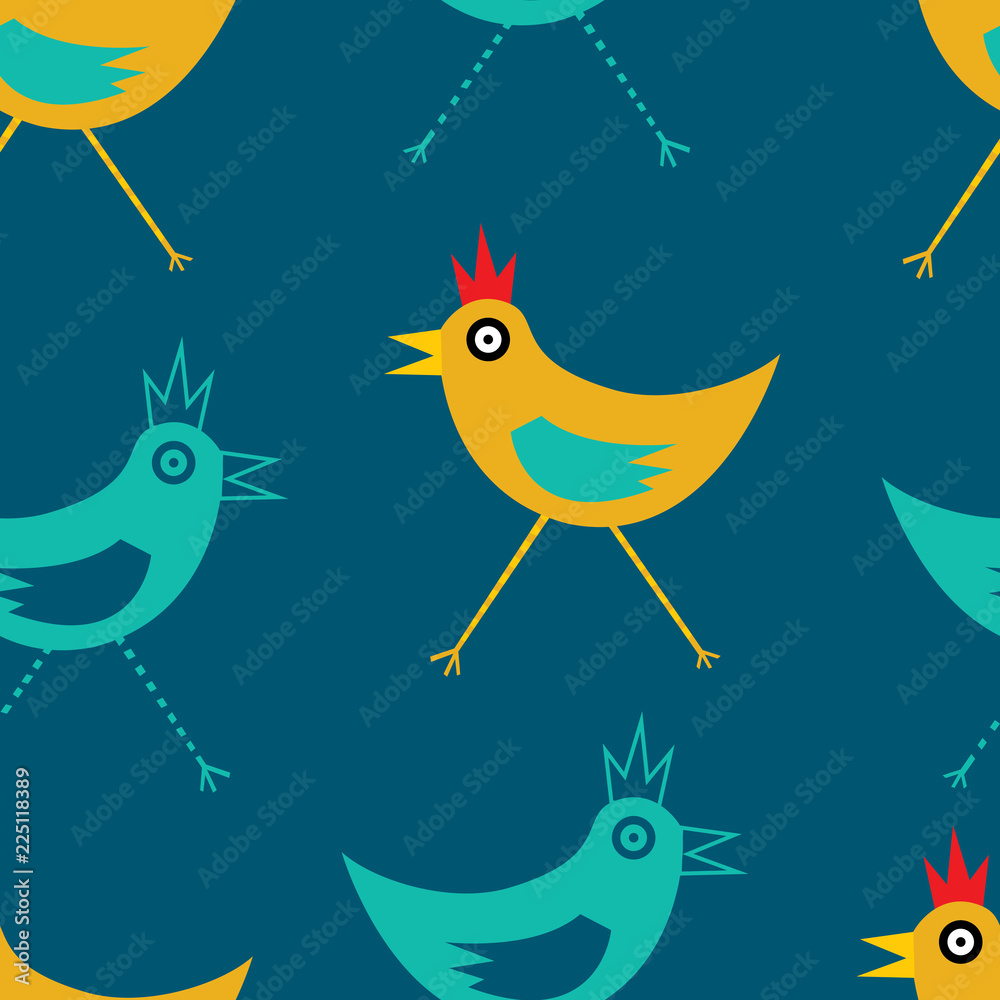 Seamless repeat pattern of chickens on a blue background
