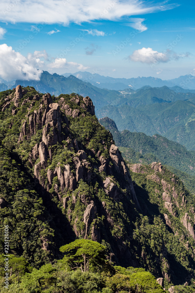 green forest covered mount sanqing valley under the cloudy blue sky