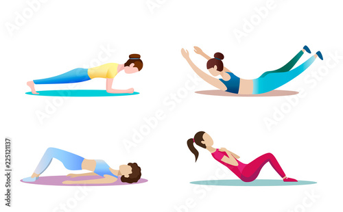 Fitness concept illustration of woman. Fitness and yoga girl icons isolated on white background. Flat design.