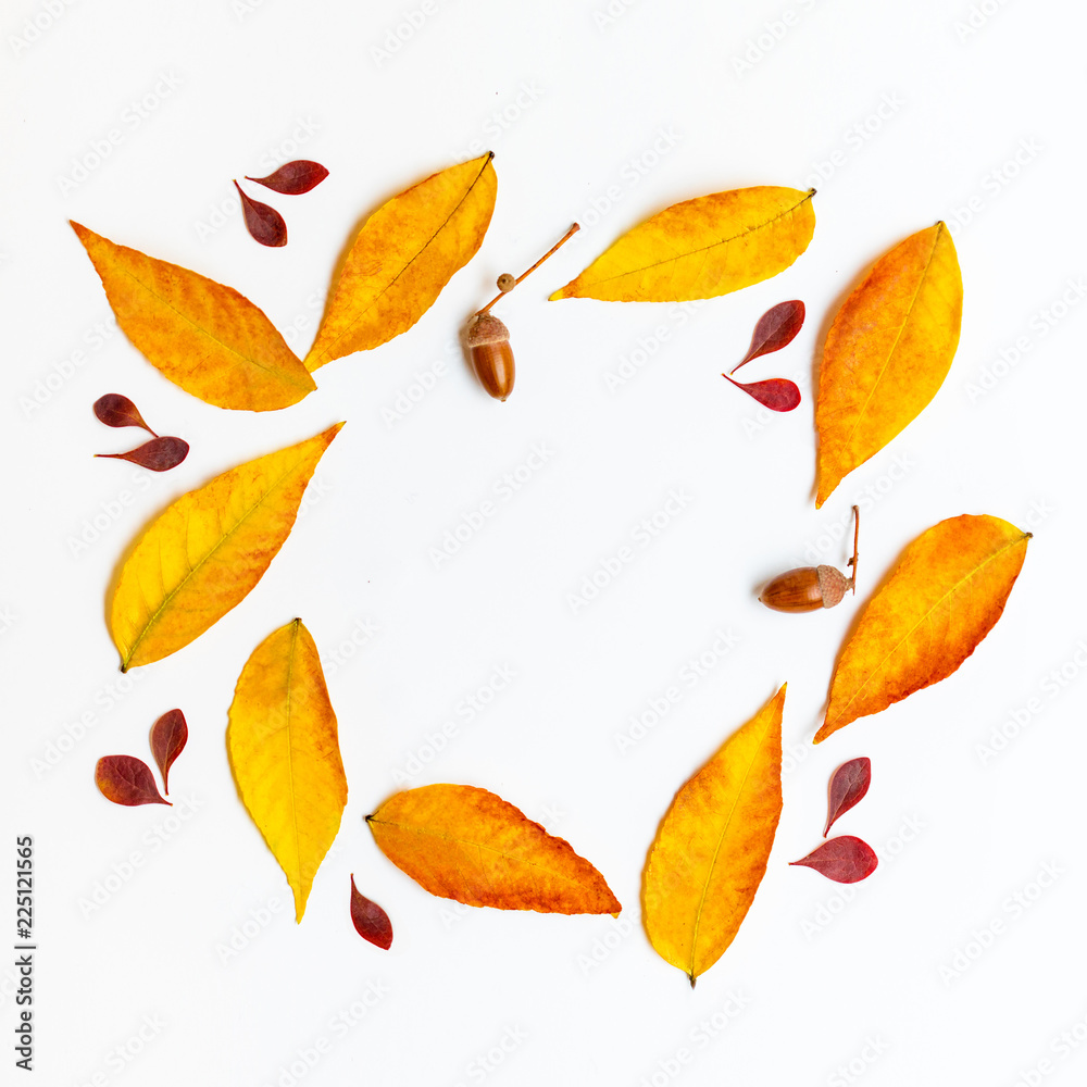 Fototapeta premium Autumn composition with golden maple and oak leaves on white background. Autumn frame. Flat lay. Copy space.