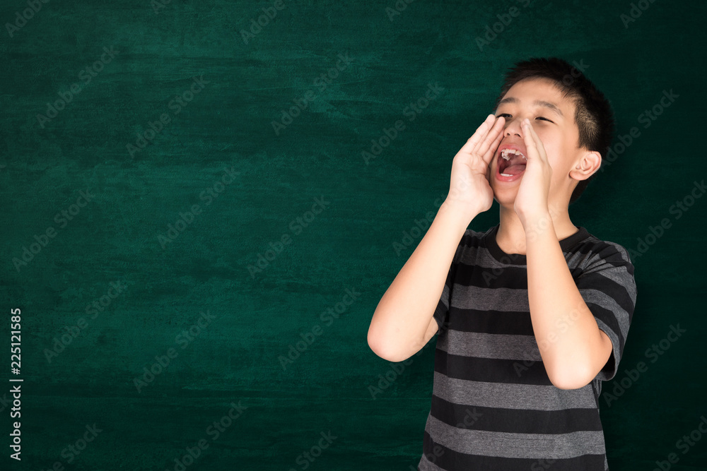 Happy Asian kid smiling on empty green chalkboard with copy space for add text or word, education and back to school concept. Happy Asian kid smiling on empty green chalkboard with copy space for add text or word, education and back to school concept.