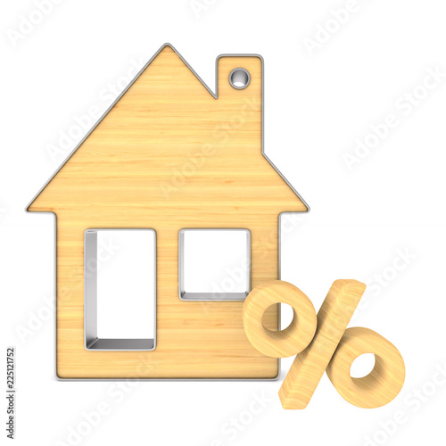Wooden trinket house and percent on white background. isolated 3d illustration