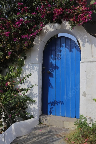 traditional Greek white archway and blue door with beautiful bougainvillea archway © Lars Gieger