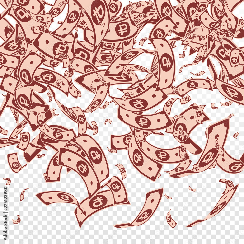 Naklejka premium Russian ruble notes falling. Messy RUB bills on tr