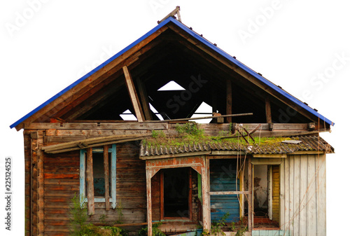 Old wooden ruined house. Close up. Isolated on white background