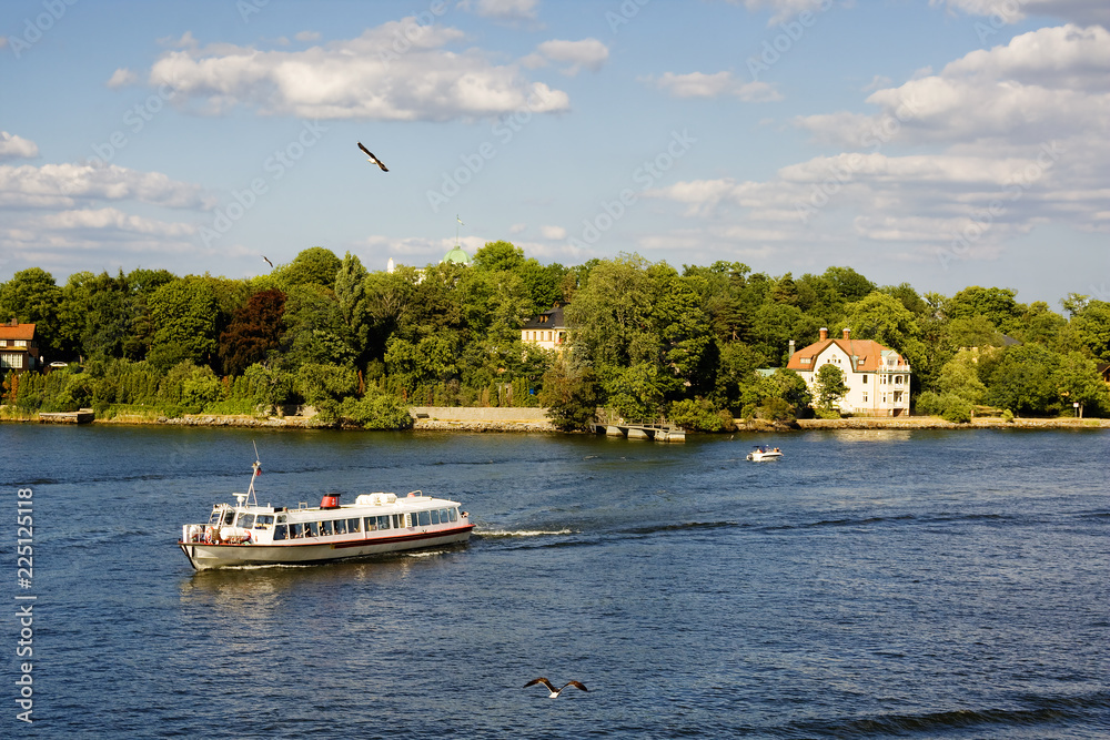 Obraz premium Stockholm, Sweden, Stockholm fjord. Fjords is one of the attractions of the Scandinavian countries, long sea bays with beautiful nature, Islands, nice houses on the banks.