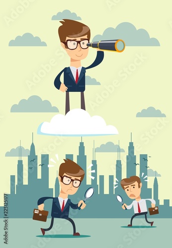 successful businessman with telescope on cloud above others . Business Vision Concept.