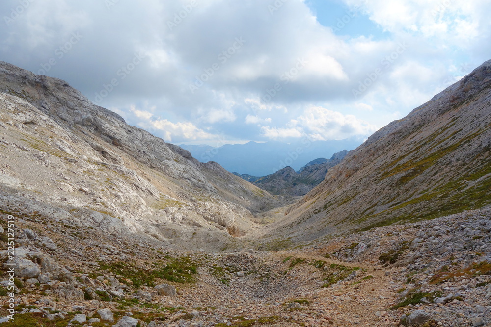 Climbing and Hiking trail leading to the top of the highest mountain of Slovenia - Triglav in Triglav national park, Europe