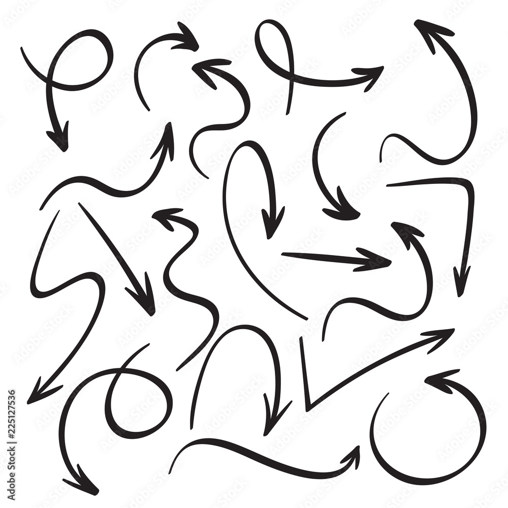 Cartoon black arrows. Hand drawn arrow sketch. Swirl, return back and direction pointer vector icons set Cartoon black arrows. Hand drawn arrow sketch. Swirl, return back and direction pointer vector icons set