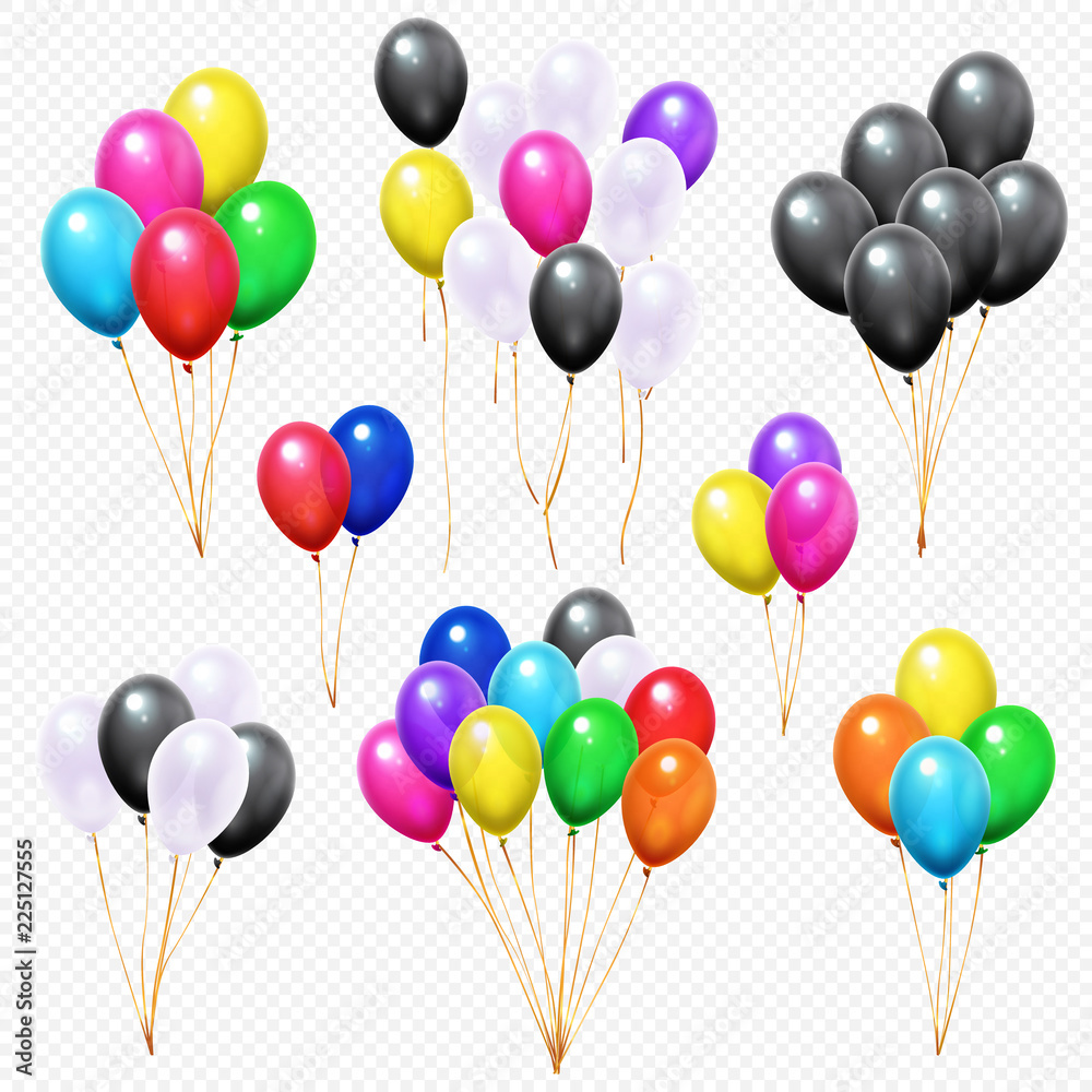 Realistic balloons bunches. Flying colorful party helium balloon