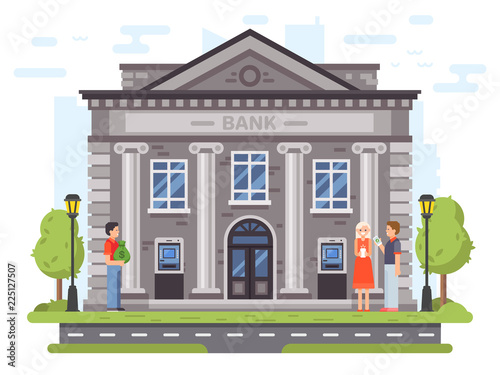 Banking operations. Bank building facade with columns. People carry money to banks, use ATM and send remittances vector illustration