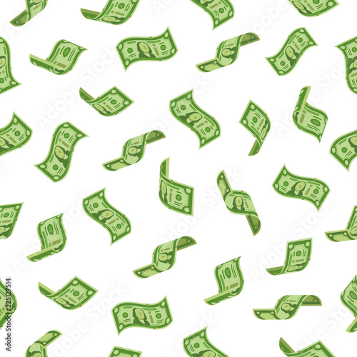 Money rain. Falling dollars denominations, raining cash banknotes or flying dollar banknote. Wealth abundance seamless vector backdrop