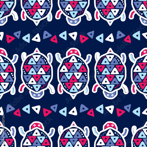 Drawing in Turtle. Mola Art from Panama. Ethnic boho seamless pattern. Can be used for wallpaper, textile, invitation card, wrapping, web page background.