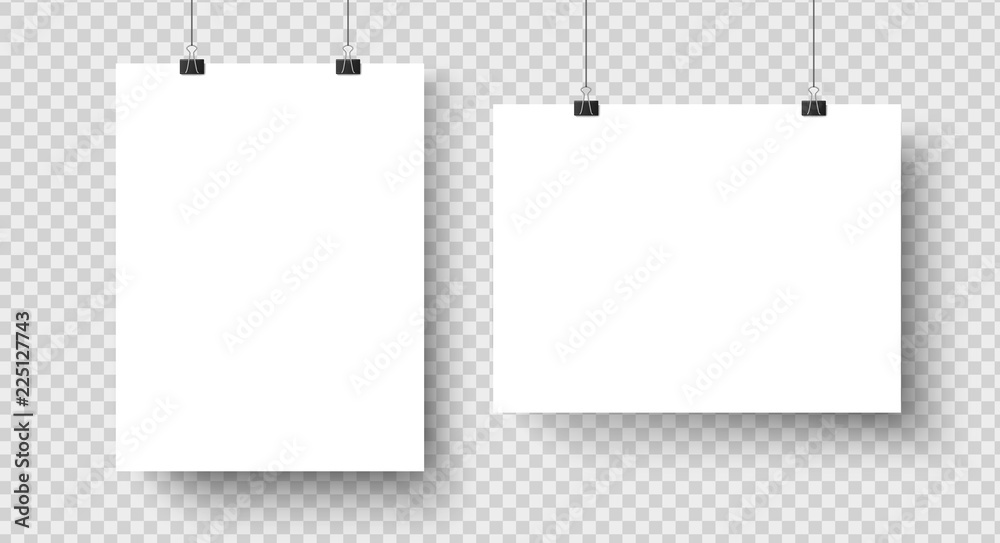 White blank posters hanging on binders. A4 paper page, sheet on wall. Vector mockup - obrazy, fototapety, plakaty 