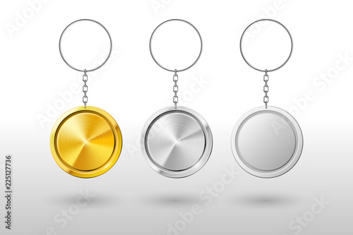 Keychains. Realistic metal and plastic round keyring holder. Vector mockup