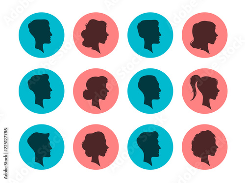 Male and female head silhouettes. Avatars, people face profile. Person vector icons