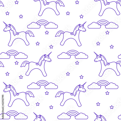 Pattern with magic unicorn, stars, clouds, rainbow