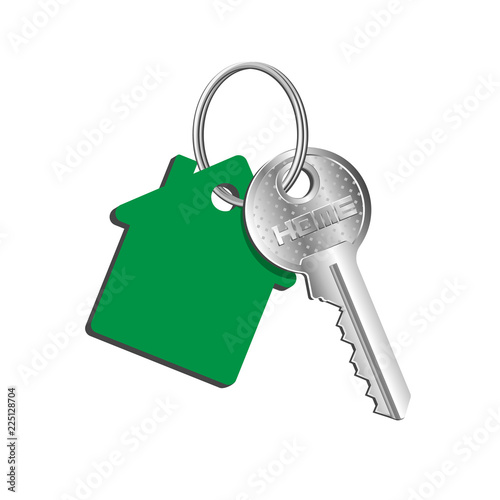Key house on the ring with a green key fob, rental of property, concept of sale purchase of real estate