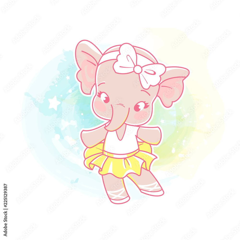 Cute little girl dancing. Choreography class. Little ballerina. Elephant wear bow and tutu skirt. kids club emblem. Funny cartoon character. Vector illustration. Isolated on white background. 