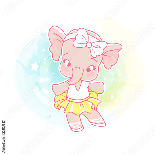 Cute little girl dancing. Choreography class. Little ballerina. Elephant wear bow and tutu skirt. kids club emblem. Funny cartoon character. Vector illustration. Isolated on white background. 