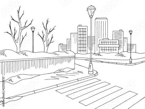 Winter street graphic black white landscape sketch illustration vector