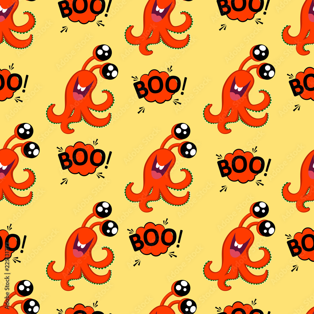 Abstract seamless halloween pattern for girls or boys. Creative vector background with cute monster with tentacles and eyes, halloween. Funny halloween pattern for textile and fabric. Fashion style.