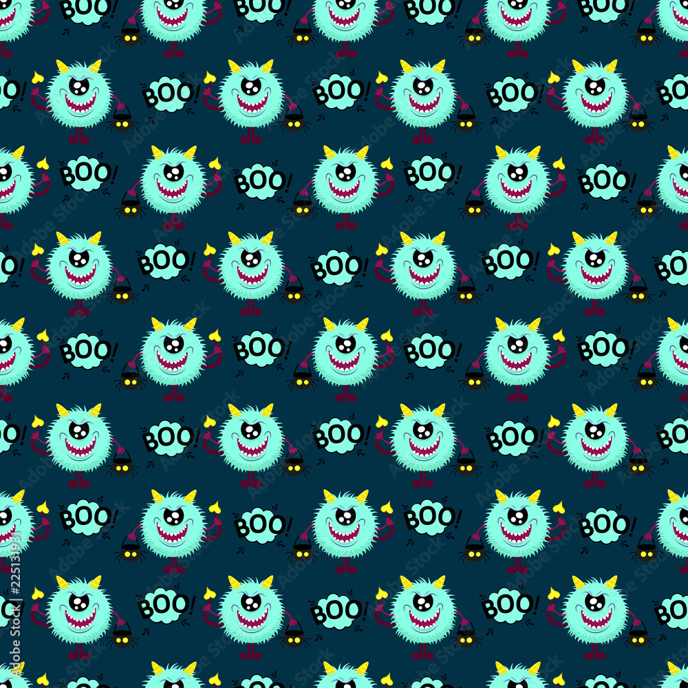 Abstract seamless halloween pattern for girls or boys. Creative vector pattern with fluffy monster, with horns and a tail, basket for sweets in the form of a skull halloween. Funny pattern for textile Abstract seamless halloween pattern for girls or boys. Creative vector pattern with fluffy monster, with horns and a tail, basket for sweets in the form of a skull halloween. Funny pattern for textile