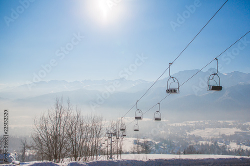Winter ski resort Zakopane. Chairlift from Butorowy Wierch in Zakopane, Tatra Mountains.