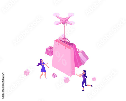 Drone delivering pink gift box, packet with bow and happy girl, isometric sale design, online offer concept for ecommerce discount campaign, landing page template, 3d vector illustration with people