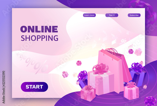 Ecommerce isometric sale design, online offer concept for discount campaign, cyber monday or black friday landing page template, 3d vector illustration with violet box, people purchasing gifts