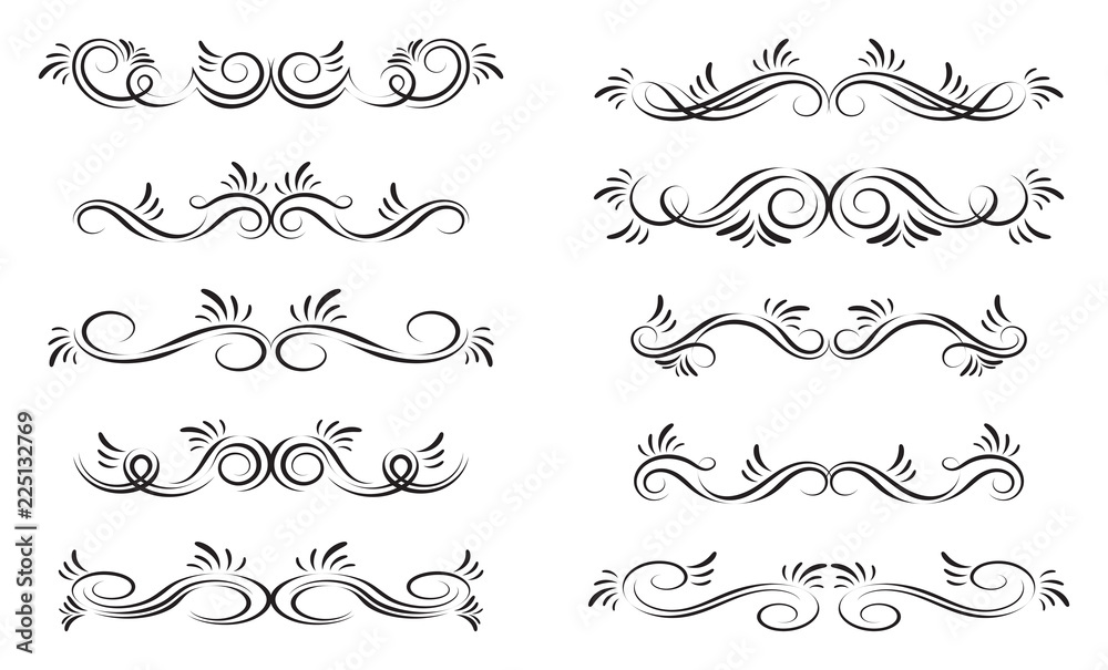 Set of curls and scrolls. Decorative divider elements for frames and books. Elegant swirl vector illustration. Set of curls and scrolls. Decorative divider elements for frames and books. Elegant swirl vector illustration.