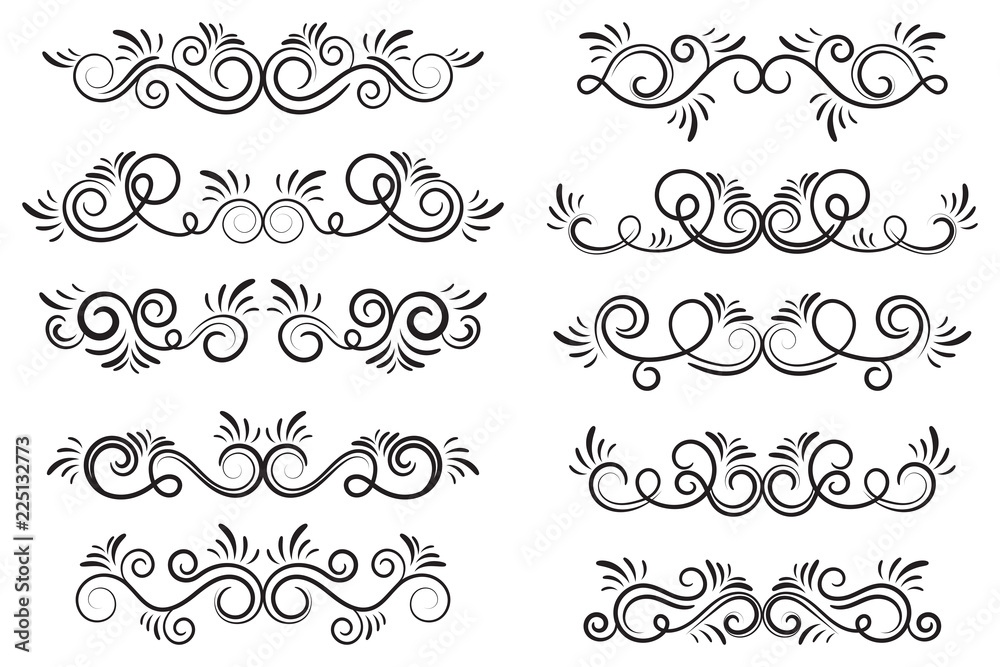 Set of curls and scrolls. Decorative divider elements for frames and books. Elegant swirl vector illustration. 