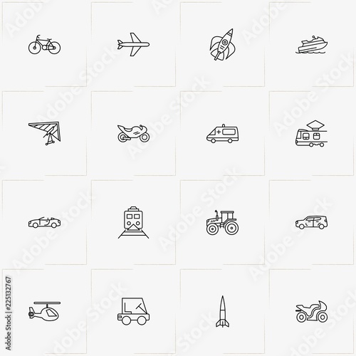 Transport line icon set with hang glider, airplane and water scooter