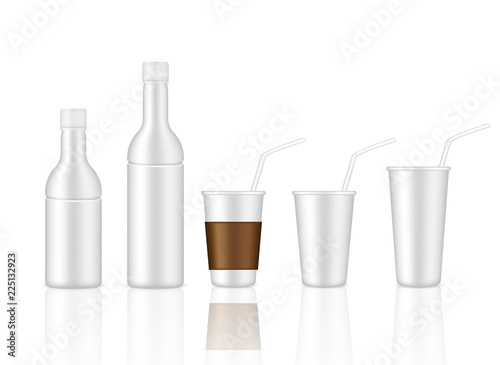 Mock up Realistic Plastic Glass and White Bottle for Drink, Alcohol, Cocktail, Wine Product Background Illustration