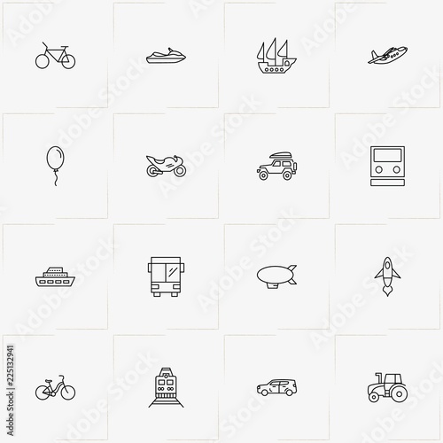 Transport line icon set with mini van , air balloon and car