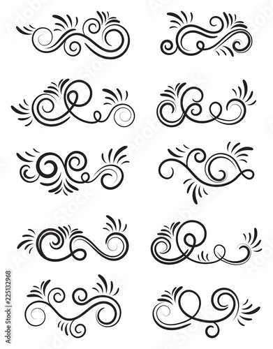 Swirl set of vector graphic elements for design, postcard, menu, wedding invitation, romantic style. Floral set of curls and scrolls. Vector illustration dividers and borders. 