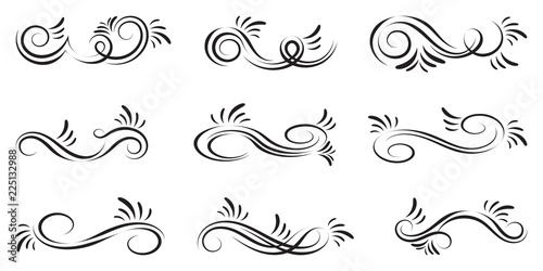 Swirl set of vector graphic elements for design, postcard, menu, wedding invitation, romantic style. Floral set of curls and scrolls. Vector illustration dividers and borders. 