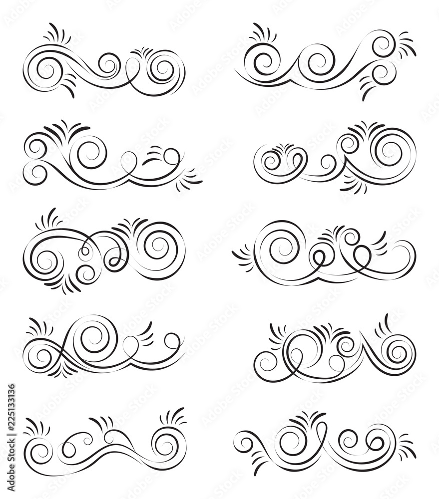 Design curls and scrolls set. Decorative elements for frames. Elegant swirl vector illustration. Design curls and scrolls set. Decorative elements for frames. Elegant swirl vector illustration.