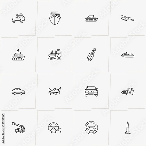 Transport line icon set with crane truck , airplane and rocket