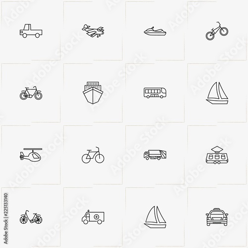 Transport line icon set with yacht, ship and electric train
