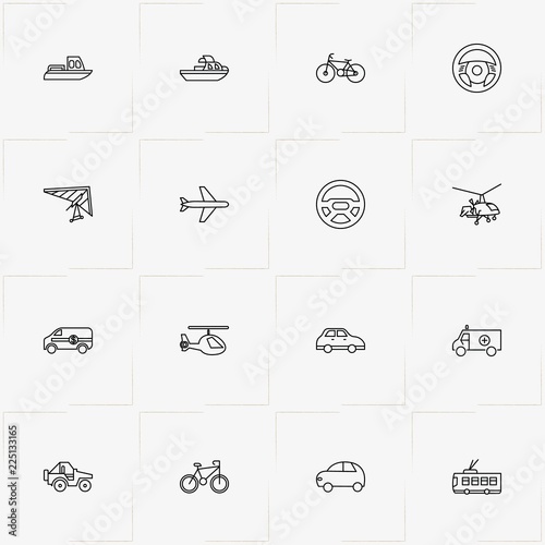 Transport line icon set with hang glider, trolleybus  and airplane
