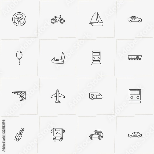 Transport line icon set with bicycle, hang glider and trailer